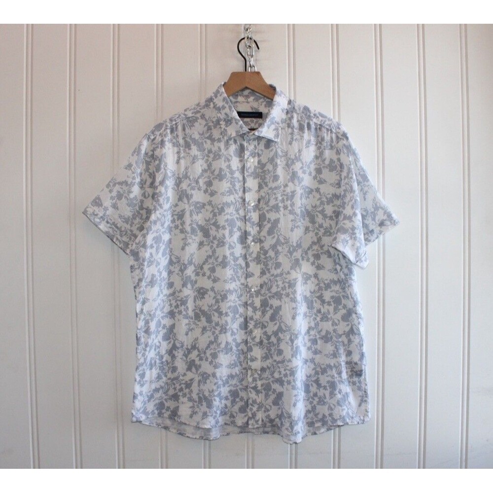 Patrick Assaraf‎ Linen Floral Button Down Shirt Men’s XL Blue White Resortwear